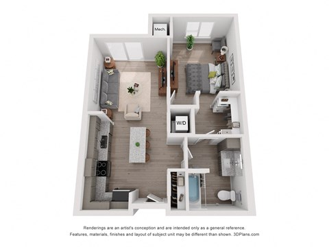 Floor plan for 1 bed, 1 bath, 716 sqft